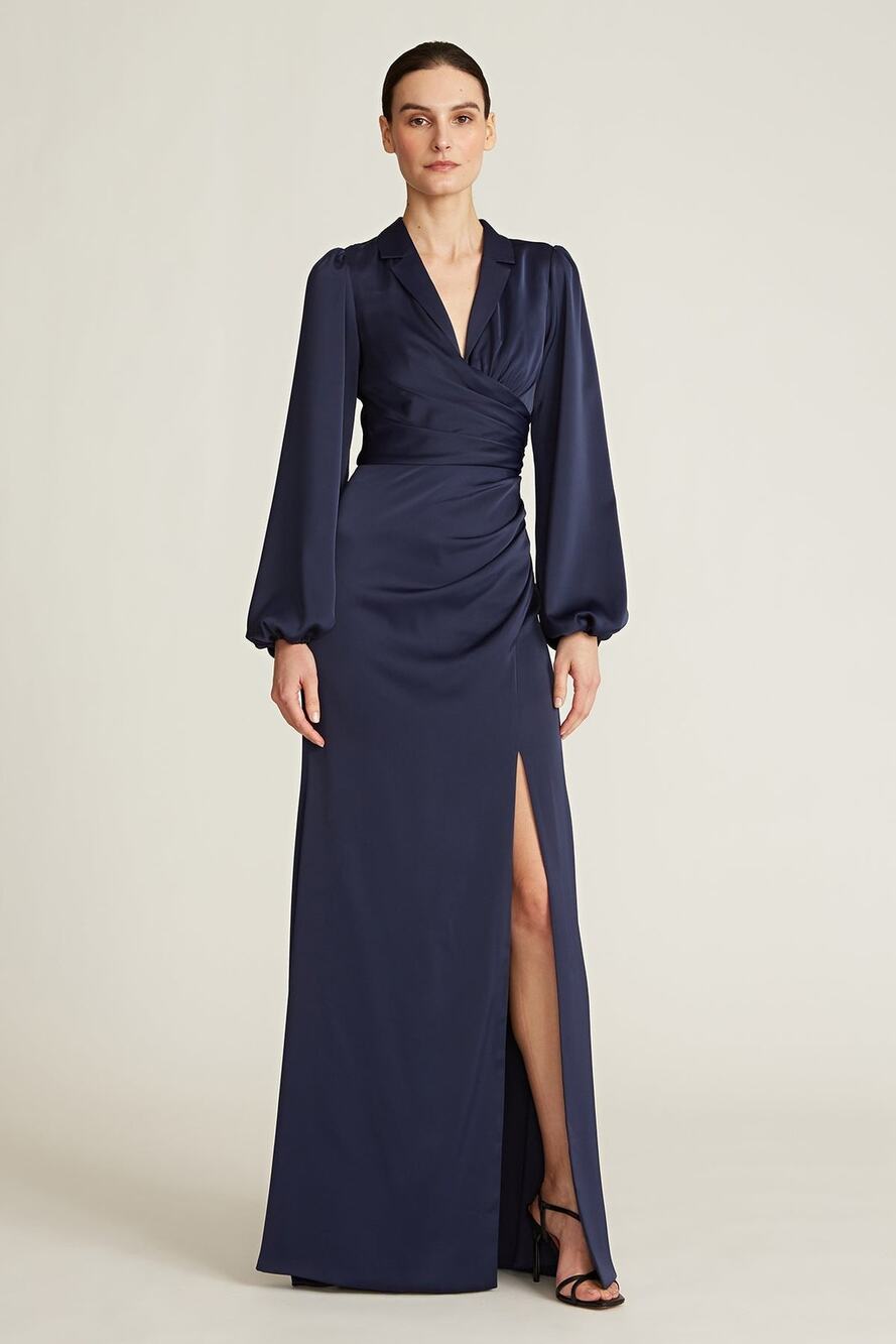 Theia Kali Wrapped Satin Gown - 16 French Navy